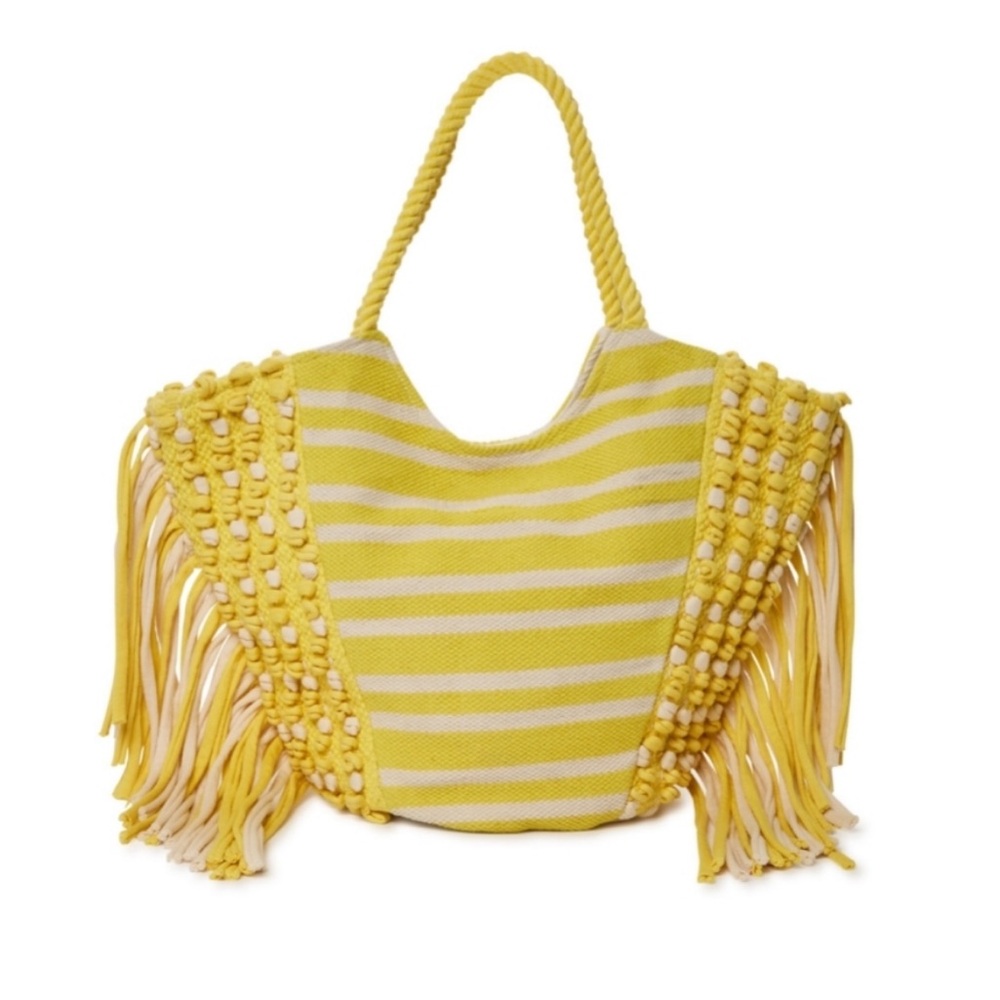 NWT Woven Yellow and White Striped Fringe Tote Beach Bag - Picture 2 of 10